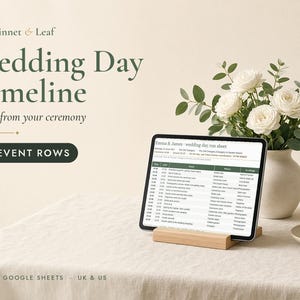 May include: A digital wedding day timeline template displayed on a tablet screen, featuring the text Linnet & Leaf, Wedding Day Timeline, and 60 Event Rows. The tablet rests on a wooden stand next to a vase of white roses and a tea cup.
