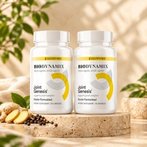 May include: Two white plastic bottles of Biodynamix Joint Genesis dietary supplement, each containing 30 capsules. The labels feature yellow and black text, a yellow circular graphic, and the words Gluten Free, Doctor Formulated.