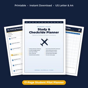 May include: A 17-page student pilot planner featuring a white cover with dark blue text reading Student Pilot Study & Checkride Planner, a central airplane icon, and lists of training milestones. Two additional pages show a training roadmap and tracker.