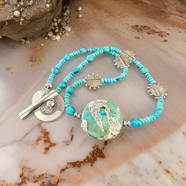 Turquoise Lampwork Necklace: Sterling Silver, Arizona Turquoise, December Birthstone image 5