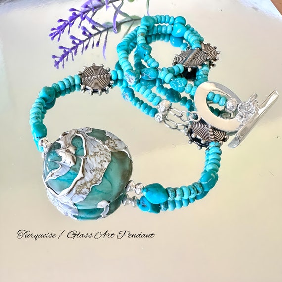 Turquoise Lampwork Necklace: Sterling Silver, Arizona Turquoise, December Birthstone