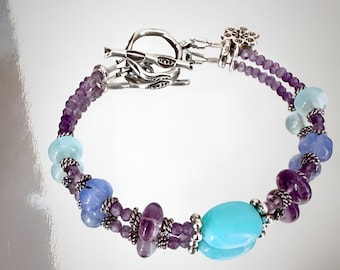 Boho Gemstone Bracelet, Peruvian Opal, Amethyst, Aqua Chalcedony, Hill Tribe Silver Toggle