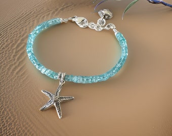 Blue Apatite Starfish Bracelet: Sterling Silver Charm, Handmade Jewelry