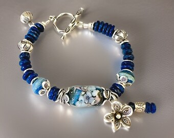 Lapis Lazuli Floral Lampwork Bead Bracelet Hill Tribe Silver, Lapis Bracelet With Toggle Clasp, Blue Floral Bracelet For Women, Gift For Mom