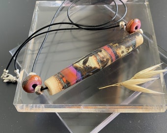 Artisan Lampwork Glass Tube Necklace: Silver, Copper, and Leather Cord