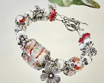 Floral Lampwork Pearl Bracelet, Hill Tribe Silver, Toggle Clasp, Boho Style