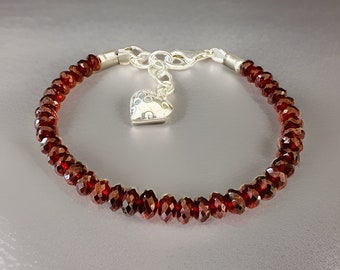 AAA Mozambique Garnet Gemstone Bracelet with Hill Tribe Silver Heart Charm, January Birthstone, Gemstone Bracelet, Crystal Bracelet