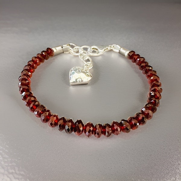 AAA Mozambique Garnet Gemstone Bracelet with Hill Tribe Silver Heart Charm, January Birthstone, Gemstone Bracelet, Crystal Bracelet