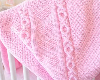 Knitting Pattern PDF Chunky Baby Heart O-X-O Motif Afghan, Chunky Cable Blanket, English Instructions