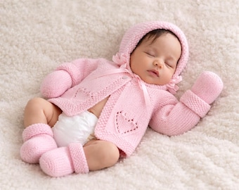 Knitting Pattern PDF Hearts Ribbed Cardigan & Bear Hat, Size 0-3, 3-6 and 6-9 Months