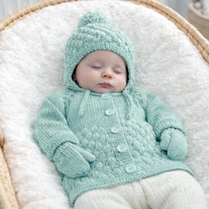 Knitting Pattern PDF Cardigan, Earflap Hat & Mittens, 6-12 Months Bubble Stitch, Knitted Top Down
