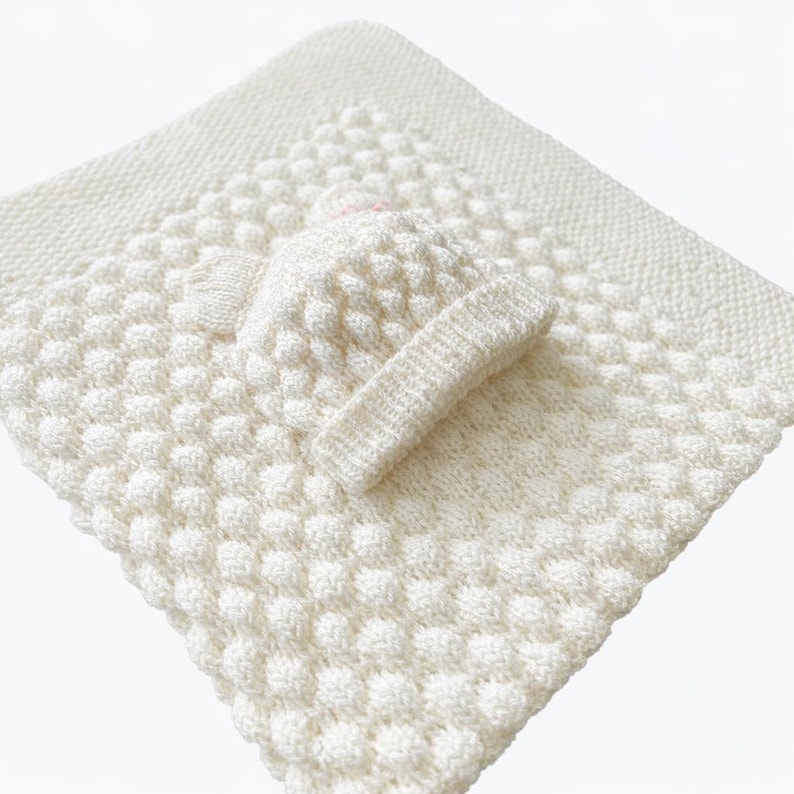 Knitting Baby Bubble Blanket & Beanie Pattern PDF, Small, Medium, Large Afghan with wide seed stitch or garter border, 8 Ply Wool Yarn image 7
