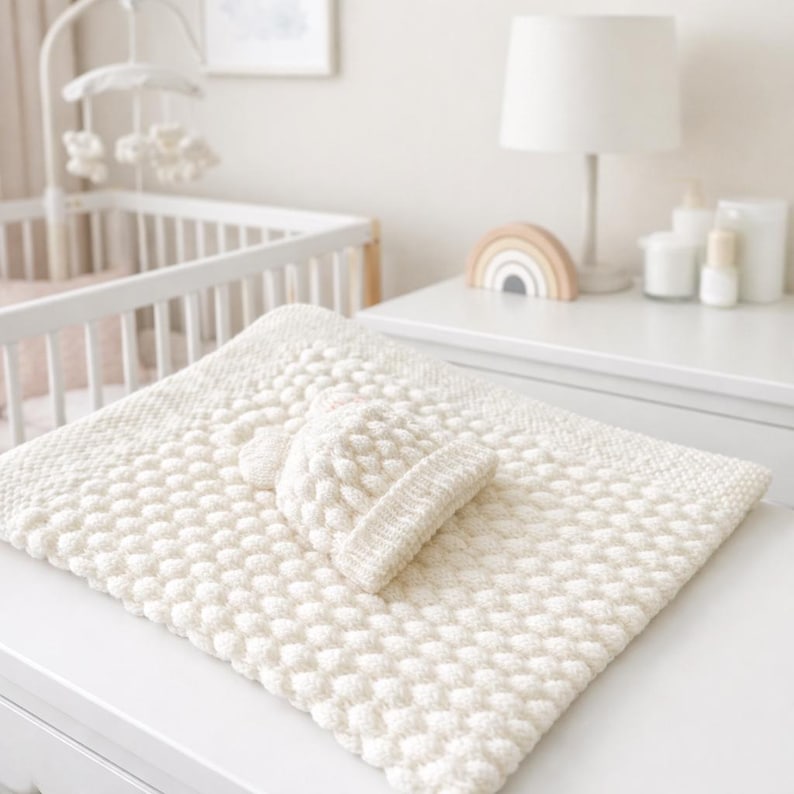 Knitting Baby Bubble Blanket & Beanie Pattern PDF, Small, Medium, Large Afghan with wide seed stitch or garter border, 8 Ply Wool Yarn image 2