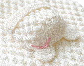 Knitting Baby Bubble Blanket & Beanie Pattern PDF, Small, Medium, Large Afghan with wide seed stitch or garter border, 8 Ply Wool Yarn