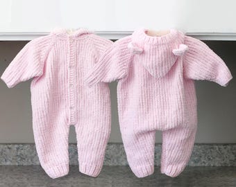 KNITTING PATTERN PDF, Newborn, 0-6 Months, Baby Jumpsuit, Chenille Chunky, Hooded One Piece Romper, Overall Leggings, English Instructions
