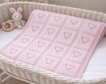 Knitting Pattern PDF Baby Lace Heart Motif Afghan, Garter Stitch, Small Medium, Large & Extra-Large
