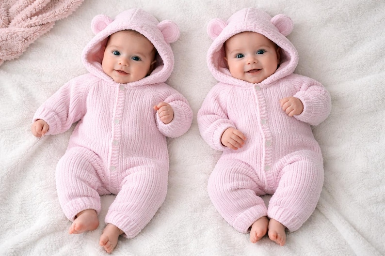 Knitting Pattern PDF, Newborn, 0-6 Months, Chenille Chunky Baby Jumpsuit, with or without hood imagen 9