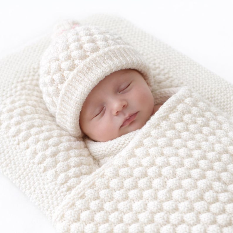 Knitting Baby Bubble Blanket & Beanie Pattern PDF, Small, Medium, Large Afghan with wide seed stitch or garter border, 8 Ply Wool Yarn image 4