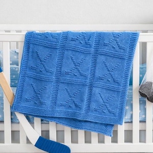 Knitting Pattern PDF S-M-L Hockey Baby Afghan, Sticks & Puck Motif, Knitted Carriage Cover