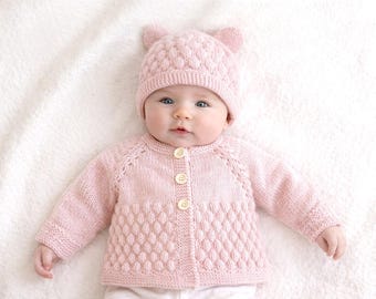 Knitting Pattern PDF Bubble Stitch Cardigan & Bear Hat, Size 0-3 and 6-9 Months
