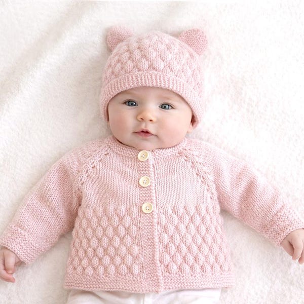 Knitting Pattern PDF Bubble Stitch Cardigan & Bear Hat, Size 0-3 and 6-9 Months