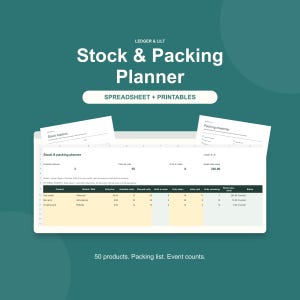 May include: A digital Stock & Packing Planner spreadsheet and printable set by Ledger & Lilt. The interface displays columns for product, SKU, unit price, available units, planned units, units to make, units taken, units sold, and retail sales value.