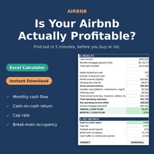Airbnb Profitability Calculator Excel | Short Term Rental Spreadsheet | Cash Flow, Cap Rate, ROI | Digital Download