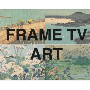 Puede incluir: Imagen compuesta con cuatro paneles de grabados artísticos japoneses. Los paneles superiores muestran un puente con personas y un paisaje con montañas y agua. Los paneles inferiores representan un paisaje con árboles y un jardín. El texto "FRAME TV ART" está superpuesto.