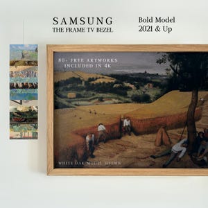 Pode incluir: Uma moldura de madeira de carvalho claro envolve uma obra de arte emoldurada. A obra de arte retrata uma cena de colheita com figuras no campo. A moldura é para uma TV Samsung The Frame, modelo Bold 2021 & Up. O texto na moldura diz "80+ FREE ARTWORKS INCLUDED IN 4K".