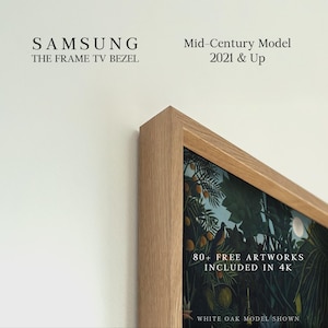 Puede incluir: Un marco de TV de madera de roble claro para televisores Samsung The Frame. El modelo Mid-Century es compatible con los modelos de 2021 y posteriores. La imagen muestra una esquina del marco con una obra de arte con temática de jungla.