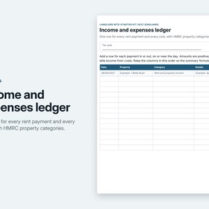 May include: A white digital income and expenses ledger template titled Landlord MTD Starter Kit 2027 (England). The document features a table with columns for Date, Property, Category, and Details, designed for tracking rent payments and costs.