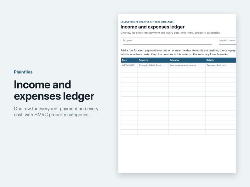 May include: A white digital income and expenses ledger template titled Landlord MTD Starter Kit 2027 (England). The document features a table with columns for Date, Property, Category, and Details, designed for tracking rent payments and costs.