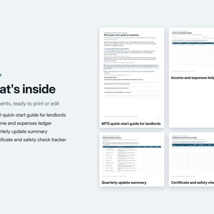 May include: A digital document set titled Plainfiles What's inside featuring four printable templates: MTD quick-start guide for landlords, income and expenses ledger, quarterly update summary, and a certificate and safety check tracker.