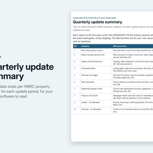 May include: A document titled Landlord MTD Starter Kit 2027 (England) Quarterly update summary. It features a table with columns for Ref, Category, and What goes here, listing HMRC property categories like Rent, Repairs, and Finance costs.