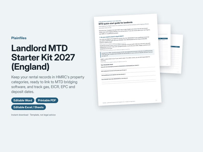 May include: A digital Landlord MTD Starter Kit 2027 for England, featuring a guide and document templates. The text includes 'Plainfiles', 'Landlord MTD Starter Kit 2027 (England)', 'Editable Word', 'Printable PDF', and 'Editable Excel / Sheets'.
