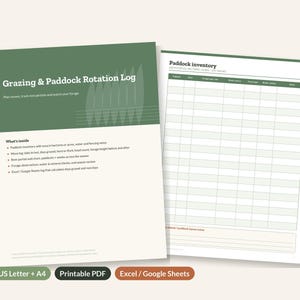 Pode incluir: Um documento de registro de rotação de pastagens e piquetes com um cabeçalho verde com texto branco, uma lista de conteúdo e uma tabela de inventário de piquetes. O documento inclui seções para rastrear movimentos, períodos de descanso e forragem.