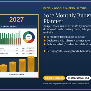 2027 Monthly Budget Planner Spreadsheet | Excel & Google Sheets Budget Template | Debt Snowball, Savings Goals, Sinking Funds, Bills