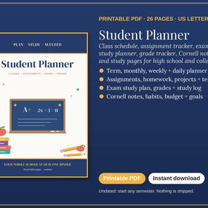 Könnte beinhalten: Ein druckbarer Studentenplaner als PDF mit dunkelblauem Hintergrund und weißem Text. Das Cover zeigt eine Tafel mit mathematischen Gleichungen, einen Stapel bunter Bücher und Stifte. Er enthält Abschnitte für Stundenpläne, Aufgabenverfolgung, Prüfungsplanung, Notenverfolgung, Cornell-Notizen und Lernseiten für Schüler und Studenten.
