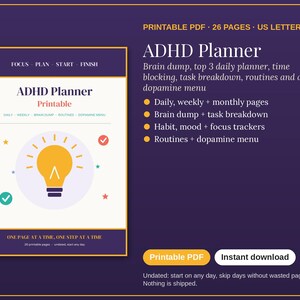 Könnte beinhalten: Ein druckbarer ADHS-Planer als PDF mit 26 Seiten in den Formaten US Letter und A4. Das Deckblatt zeigt ein gelbes Glühbirnensymbol, den Text ADHD Planner sowie Abschnitte für tägliche, wöchentliche und monatliche Planungen.