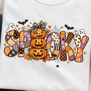 PNG espeluznante, letras patchwork de Halloween, lindo diseño de camiseta de fantasma de calabaza, sublimación de Halloween caprichosa, descarga DTF de otoño