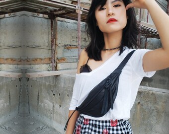 Black leather purse bag crossbody bag women waist bag- leather belt bag SALE leather shoulder bag- waist pack holster- black belt bag