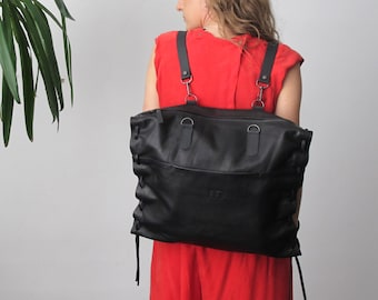 ブラックレザーコンバーチブルバックパックトートラップトップバックパックレザークロスボディバッグレディースレザートラベルバッグラージレザーウィークエンダーバッグユニセックス
