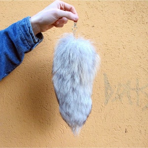 Faux fur tail keychain - black and white fox tail fur keychain - boyfriend keychain - large fox tail key holder- keychain