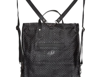 5-in-1 Convertible Leather Backpack Purse UNISEX Laptop Bag & Rucksack for Women, Black Tote, Gift for Her, woven black leather bag
