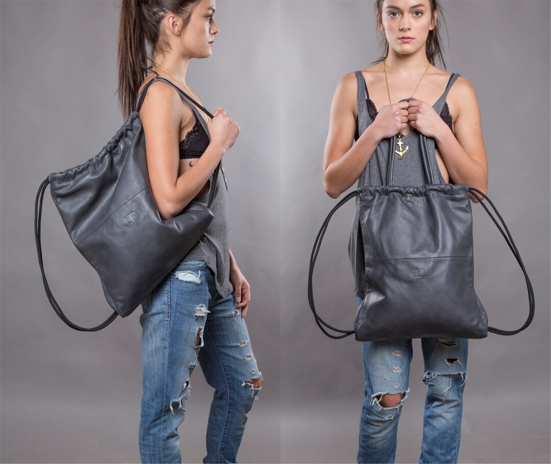 2in1 Gray Leather Backpack Purse Multiway Leather Drawstring Bag