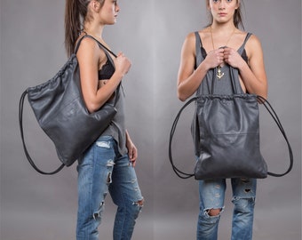 2-in-1 Gray leather backpack purse- multi-way leather drawstring bag- UNISEX leather drawstring backpack