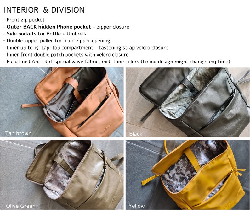 May include: Four different colored leather backpacks with zipper closures and interior pockets. The backpacks are tan brown, black, olive green, and yellow. The interior of each backpack is visible, showing the lining and pockets.