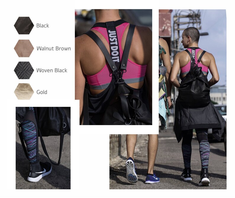 May include: Two women wearing black athletic wear and carrying black bags. One woman is wearing a pink sports bra with a black strap that says "Just Do It". The other woman is wearing a black tank top with a black bag. Both women are wearing black leggings.
