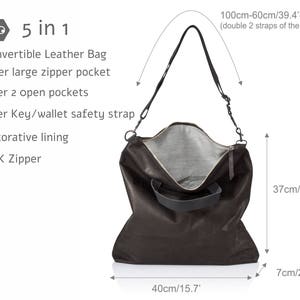 May include: A black leather convertible bag with a zipper closure and two inner pockets. The bag has a top handle and a long adjustable shoulder strap. The bag measures 15.7 inches wide, 14.5 inches tall, and 2.7 inches deep. The strap measures 39.4 inches to 23.6 inches long.