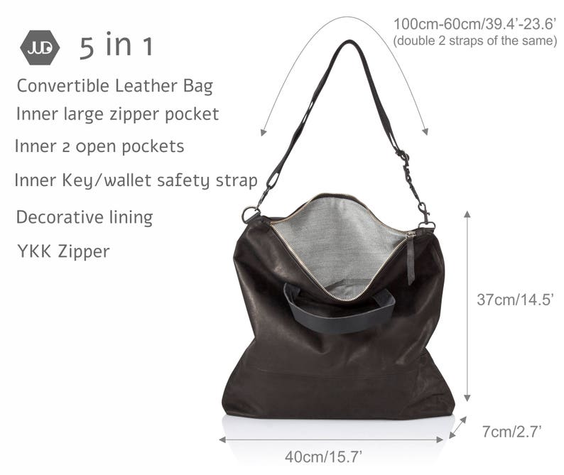 May include: A black leather convertible bag with a zipper closure and two inner pockets. The bag has a top handle and a long adjustable shoulder strap. The bag measures 15.7 inches wide, 14.5 inches tall, and 2.7 inches deep. The strap measures 39.4 inches to 23.6 inches long.